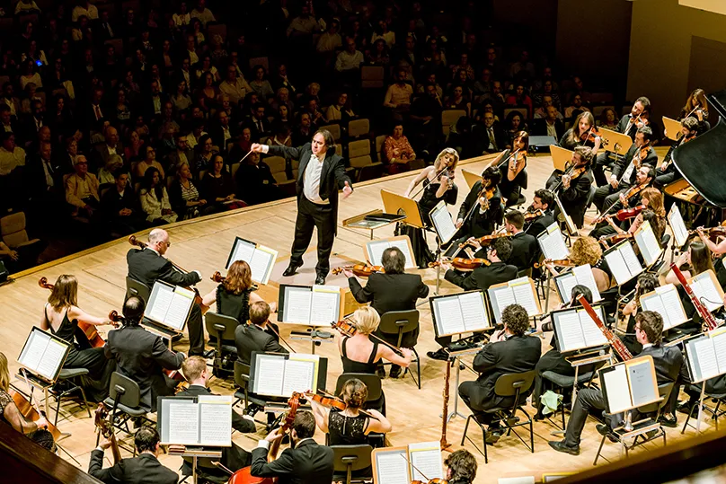 Conductor and orchestra during a concert